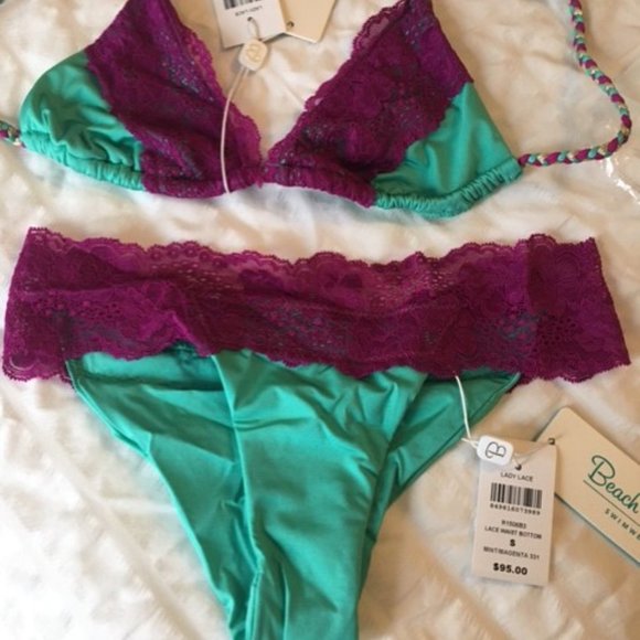 NWT BEACH BUNNY Lady Lace Bikini Mint & Magenta - Picture 3 of 8